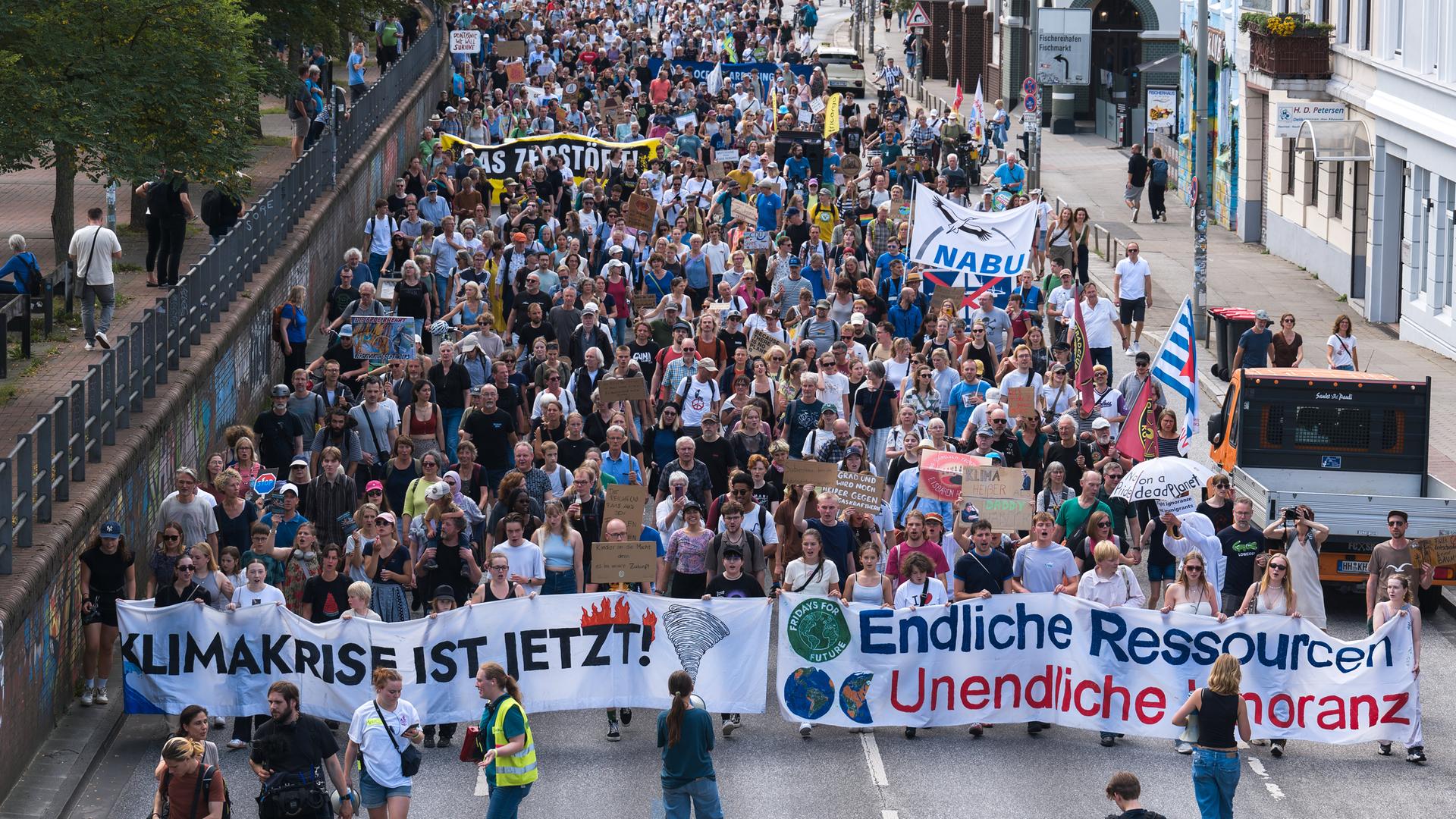 Demozug mit Bannern in Hamburg