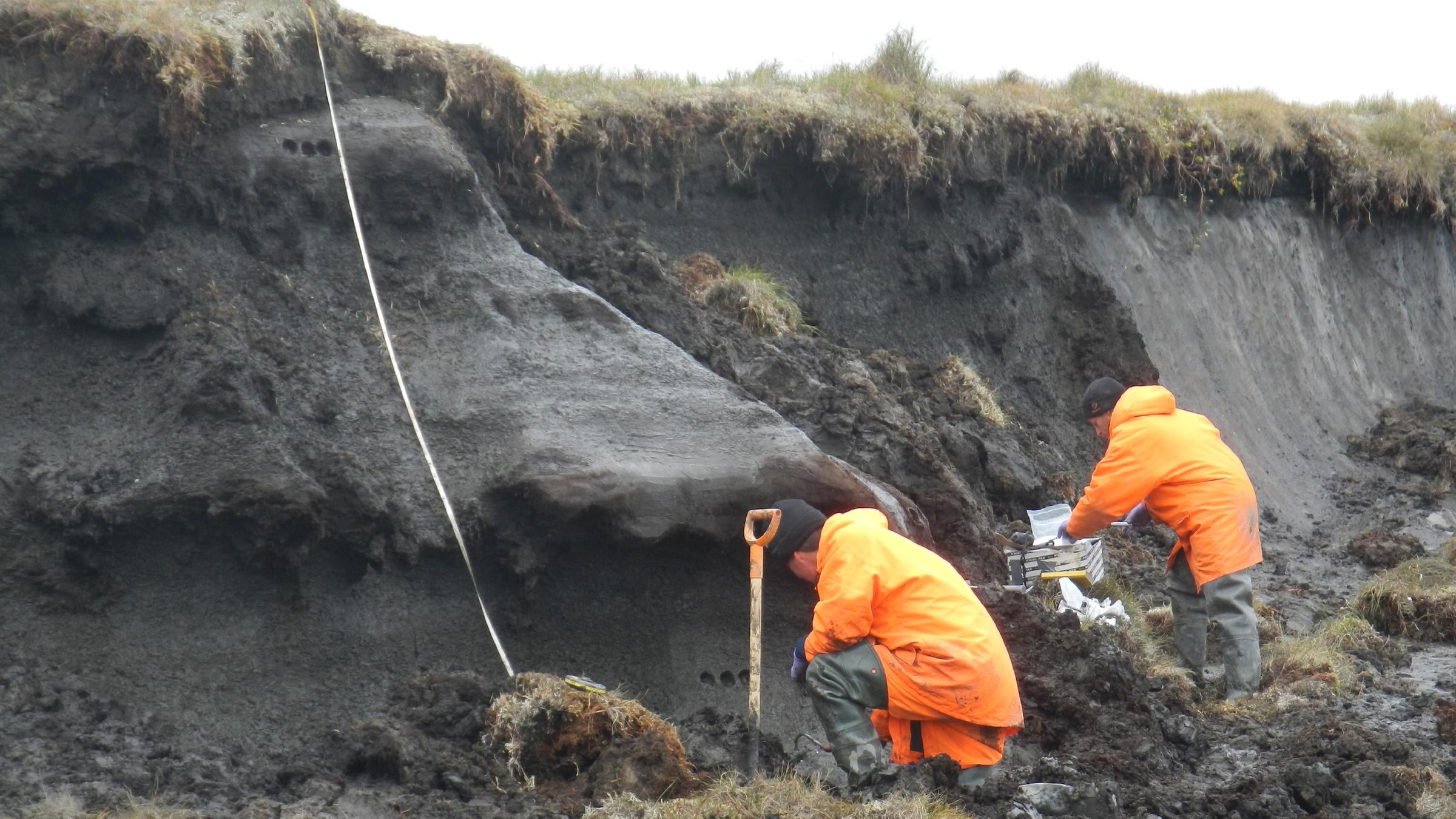 AWI-Permafrostexperte Dr. Guido Grosse (links) und sein Kollege Matthias Fuchs untersuchen Thermokarst-Erhebungen auf der sibirischen Halbinsel Bykovsky.