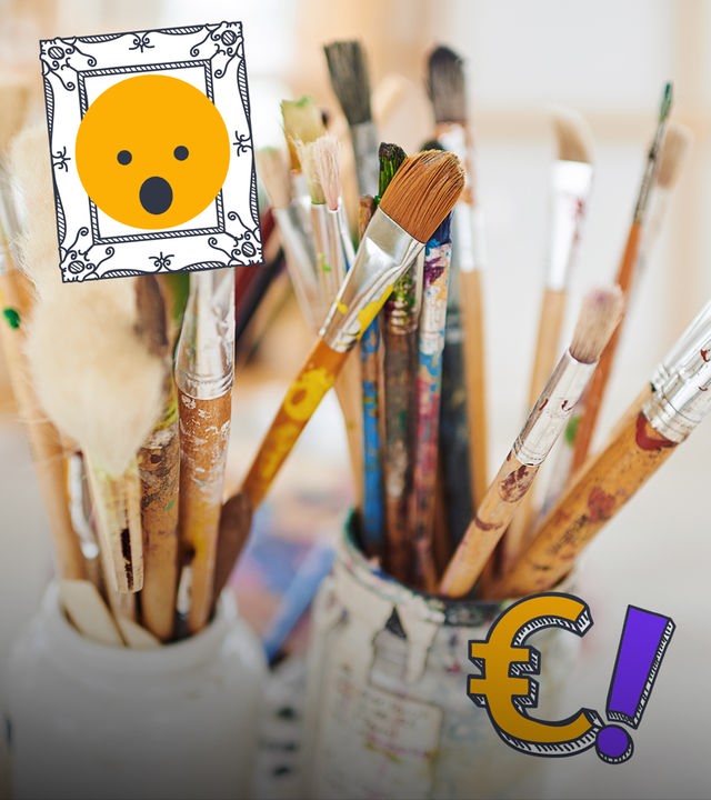 Malpinsel, ein Gemälde-Sticker mit einem überraschten Emoji darauf und ein Euro-Sticker mit Ausrufezeichen