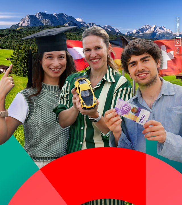 Drei junge Menschen stehen vor einer Deutschen, Schweizer und Österreichischen Flagge und Alpenpanorama: Science Podcasterin Julia Nestlen trägt einen Doktorhut, Journalistin Kathrin Hönegger hält ein kleines Auto und News-Tiktoker Idan Hanin zeigt einen Geldschein.
