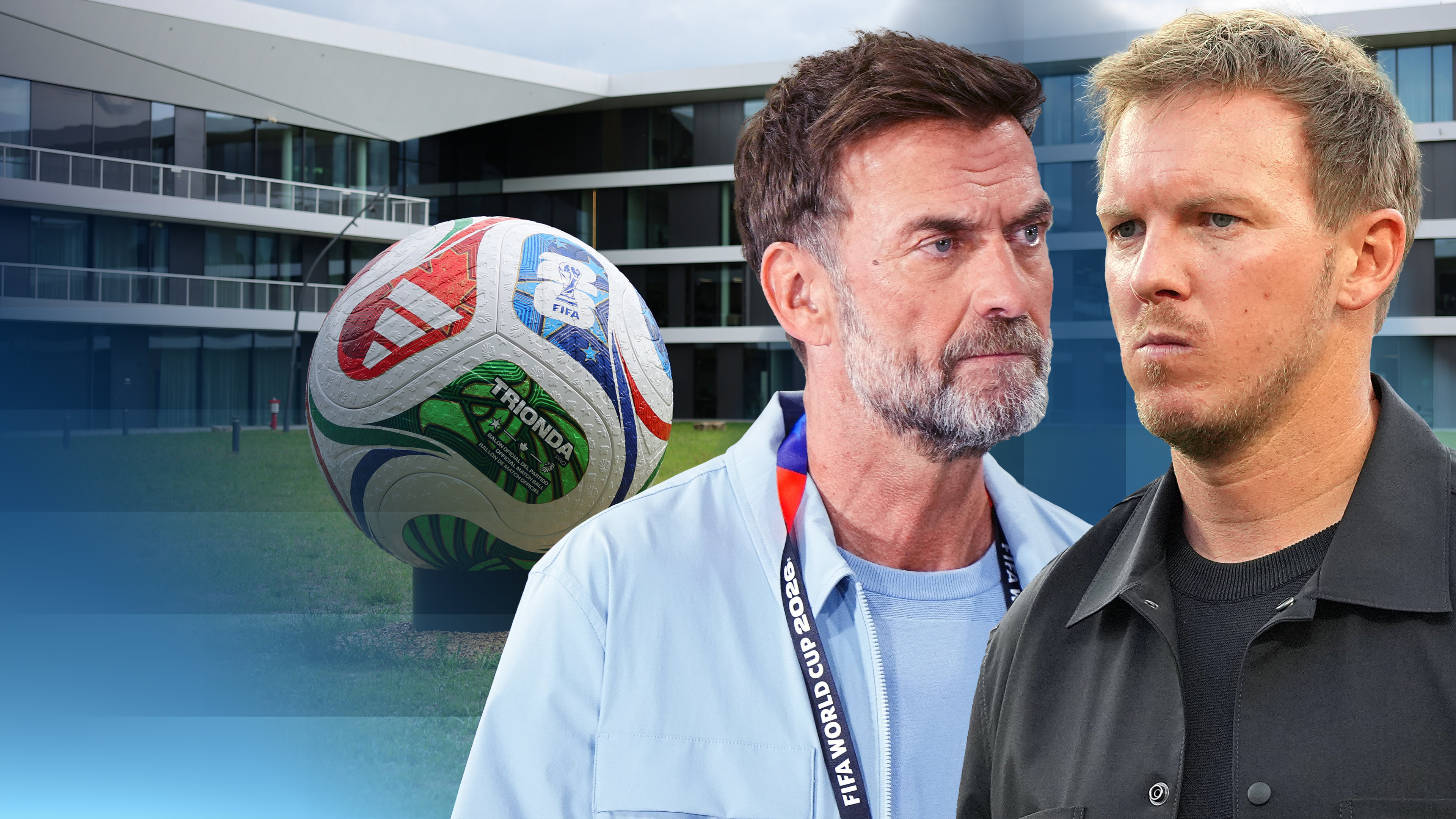 Im Hintergrund der DFB-Campus in Frankfurt, rechts daneben die Köpfe von Julian Nagelsmann und Jürgen Klopp