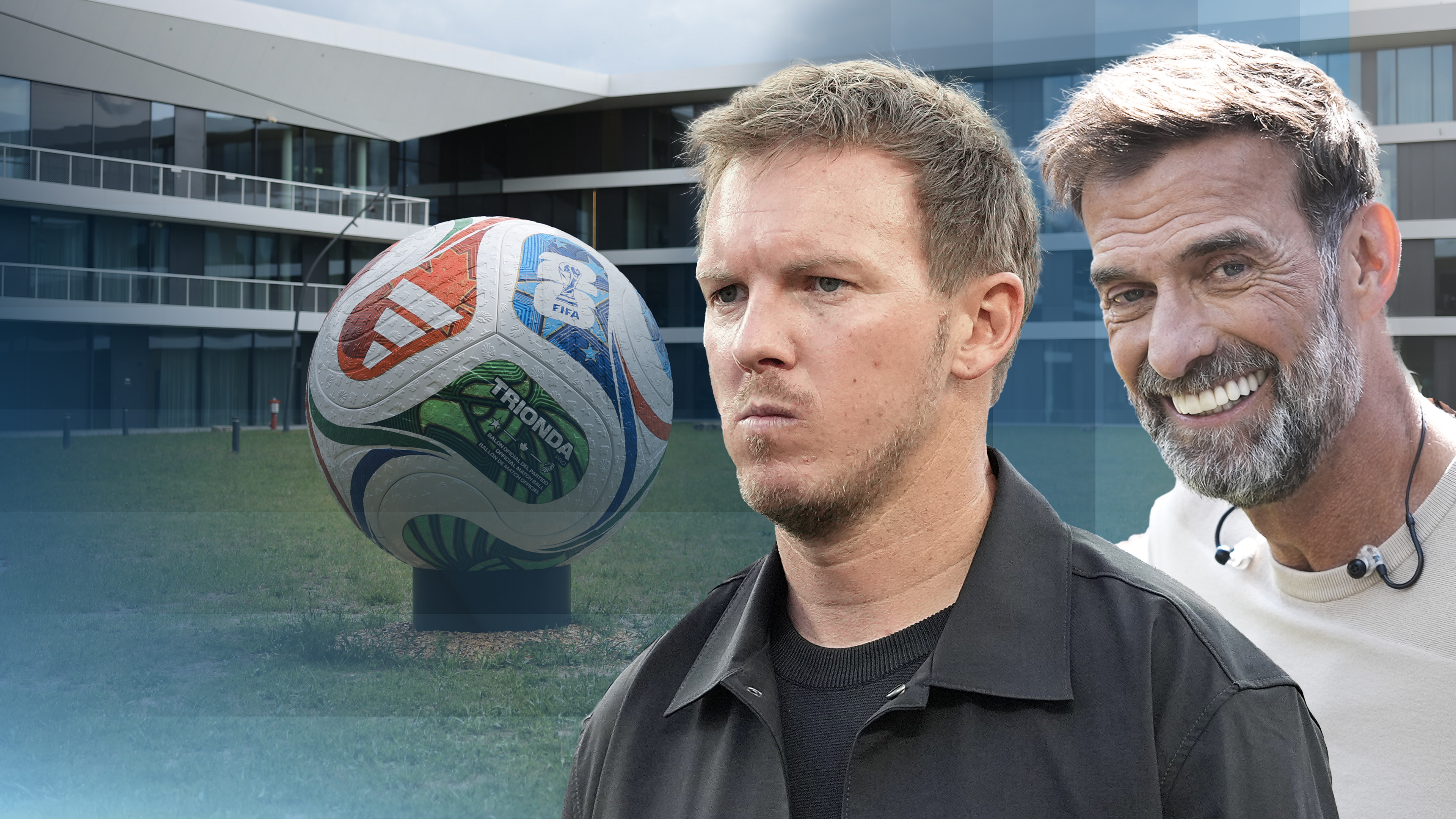 Im Hintergrund der DFB-Campus in Frankfurt, rechts daneben die Köpfe von Julian Nagelsmann und Jürgen Klopp