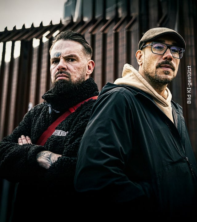 Zwei Männer stehen vor einem Zaun aus Stahl. Der linke hat die Arme verschränkt und schaut ernst in Richtung des Betrachters. Der andere hat einen freundlicheren Gesichtsausdruck und trägt eine Kappe und Brille. Auch er schaut in Richtung des Betrachters.