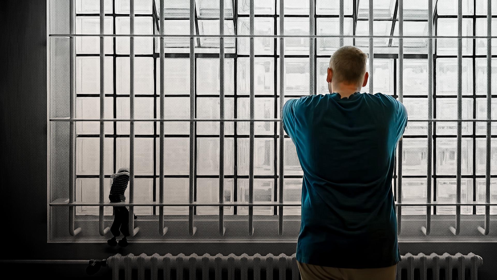 Das Bild zeigt einen Gefangenen, welcher mit dem Rücken zur Kamera an einem vergitterten Fenster steht und hinausblickt. Die massiven Gitterstäbe dominieren die Szene und verdeutlichen die Enge und Ausweglosigkeit des Gefängnisalltags. Die Körperhaltung wirkt nachdenklich und bedrückt.