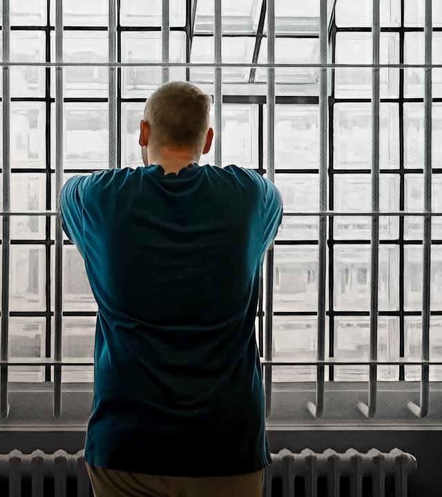 Das Bild zeigt einen Gefangenen, welcher mit dem Rücken zur Kamera an einem vergitterten Fenster steht und hinausblickt. Die massiven Gitterstäbe dominieren die Szene und verdeutlichen die Enge und Ausweglosigkeit des Gefängnisalltags. Die Körperhaltung wirkt nachdenklich und bedrückt.