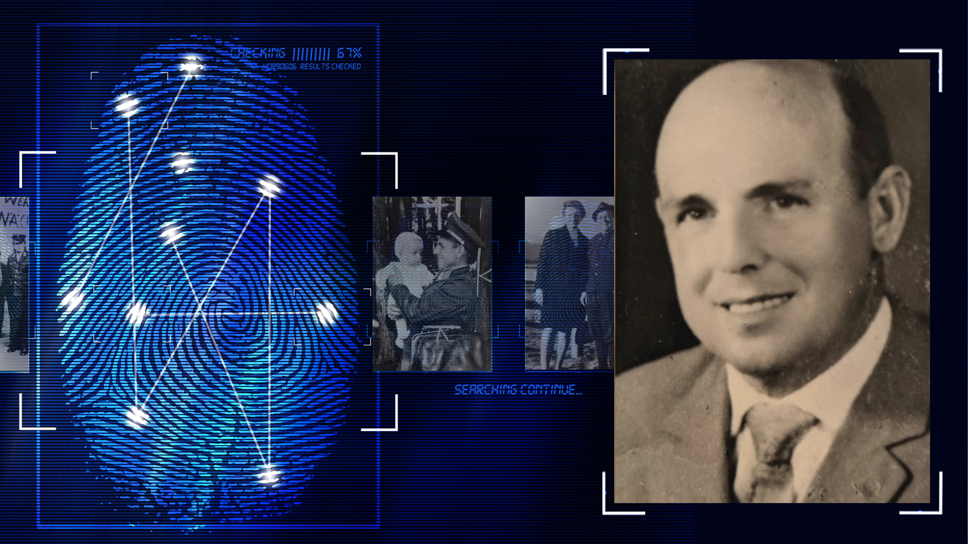 Portraitfoto eines Mannes, ca. Mitte 40. Foto aus den frühen 1970er Jahren. Der Mann lacht in die Kamera. Er trägt einen Anzug und ein helles Hemd mit Krawatte. Links daneben: Lichtschematische Darstellung eines Fingerabdrucks.