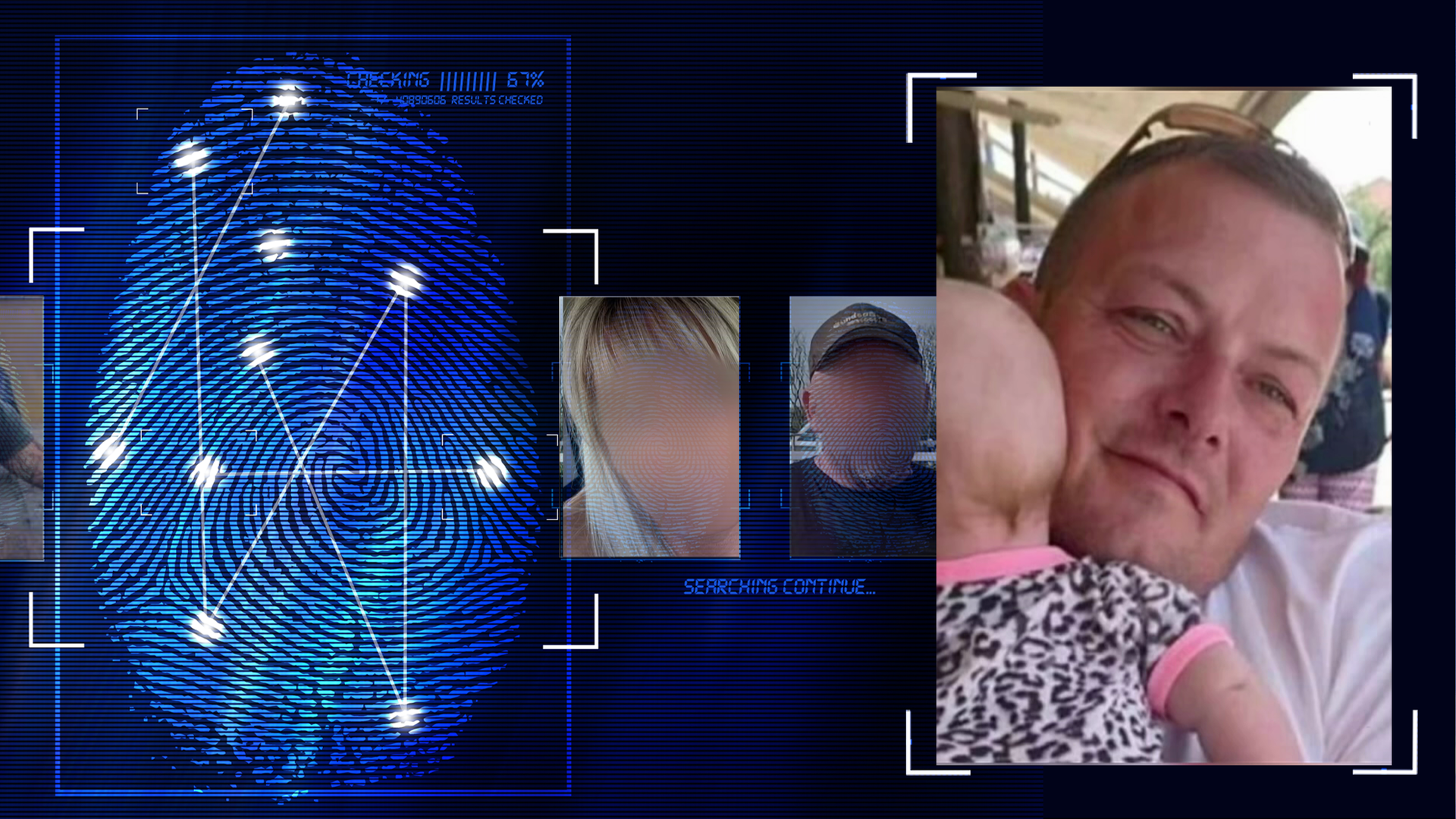 Ein Mann, ca 35 jahre alt, trägt eine Sonnebrille auf dem Kopf. Er hat sehr kurze dunkle Haare und lächelt Richtung Kamera. Ein Teil des Kopfes ist nicht zu sehen, da er ein Baby auf dem Arm trägt, das von hinten zu sehen ist. Er selbst hat ein weißes T-Shirt an, da Baby ein schwarzweißes Kurzarm-Shirt mit Kuhfleckenmuster. Die Nähte sind mit rosa farbenem Stoff verziert. Links daneben: Lichtschematische Darstellung eines Fingerabdrucks.