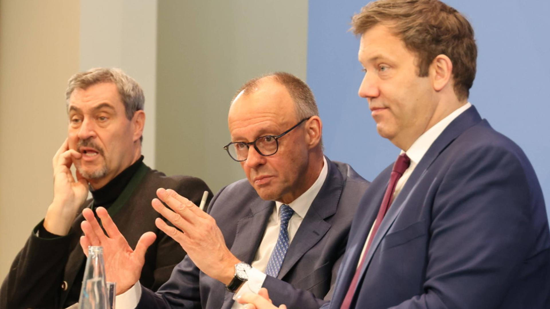 Pressekonferenz mit Lars Klingbeil SPD, Friedrich Merz CDU Bundeskanzler und Markus Soeder CSU MP,