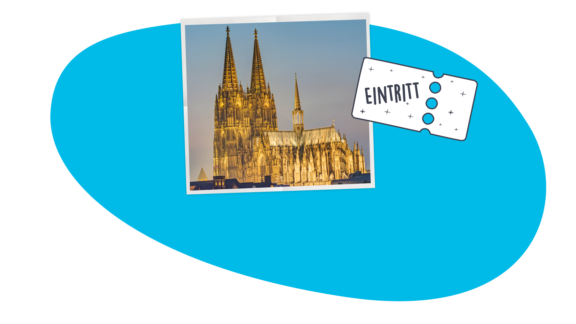 Der Kölner Dom ist zu sehen in abendlicher Beleuchtung. Daneben befindet sich ein grafisches Ticket-Symbol, auf dem Eintritt steht.
