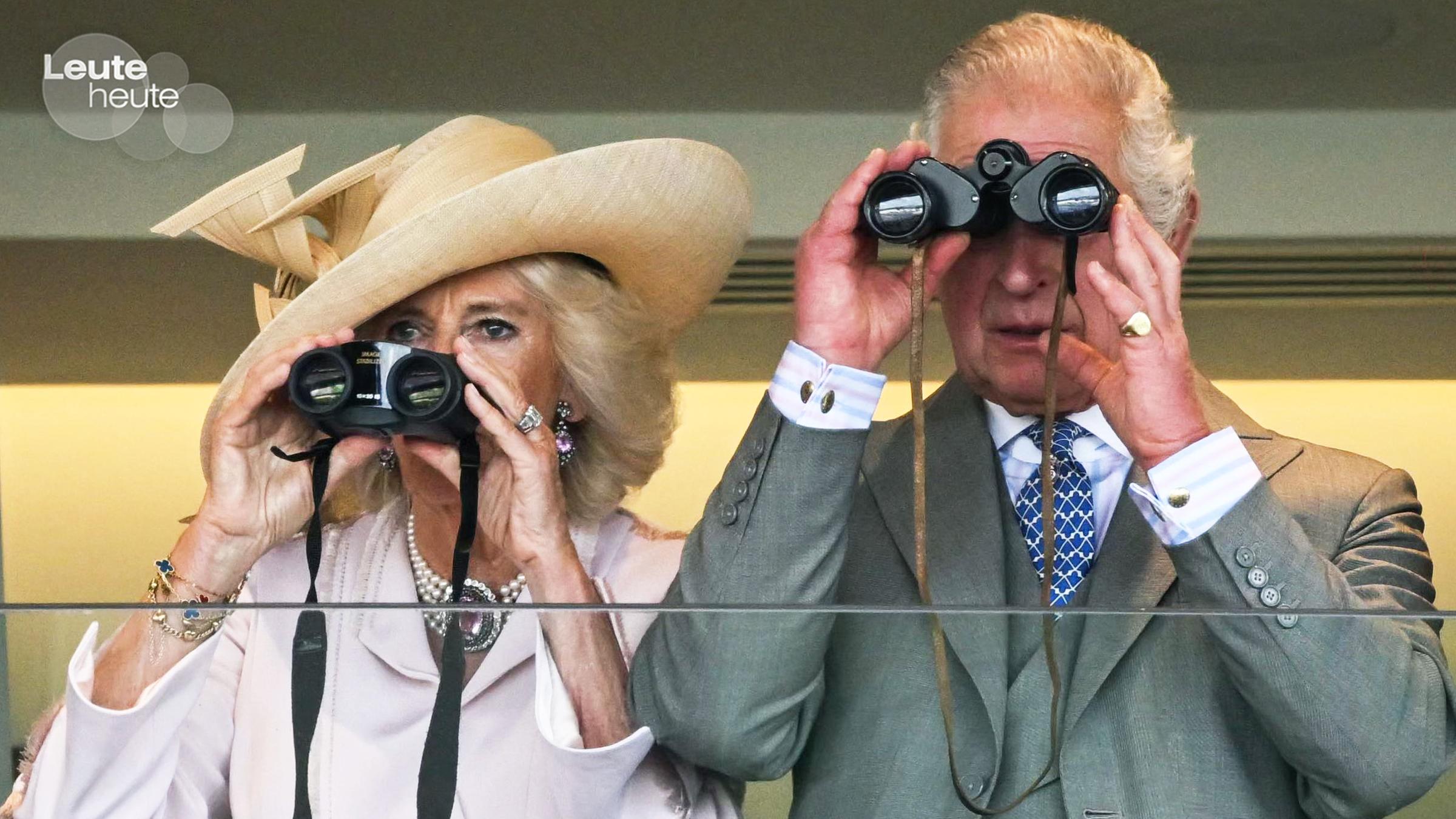 König Charles und seine Frau Camilla mit Ferngläsern