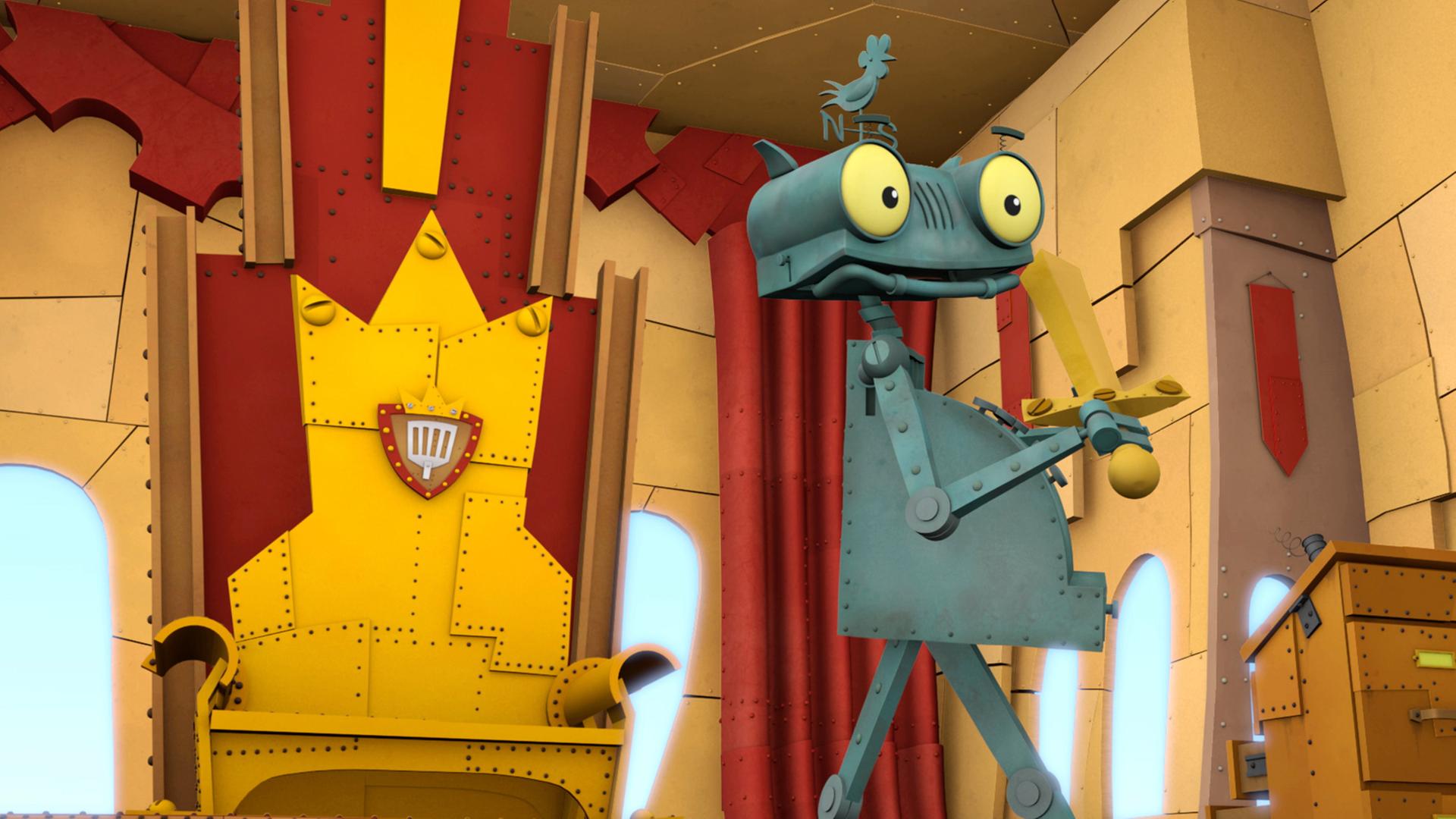 König Rösti mit Schwert, im Hintergrund der Thron.