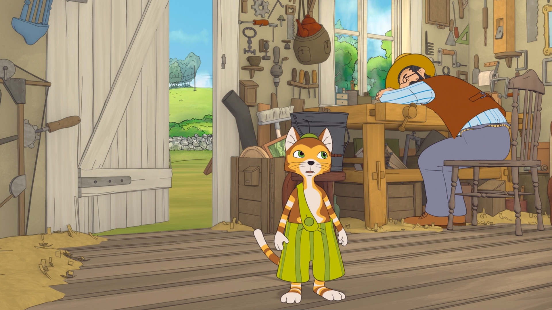 Findus steht in der Werkstatt und schaut unsicher auf den schlafenden Pettersson.