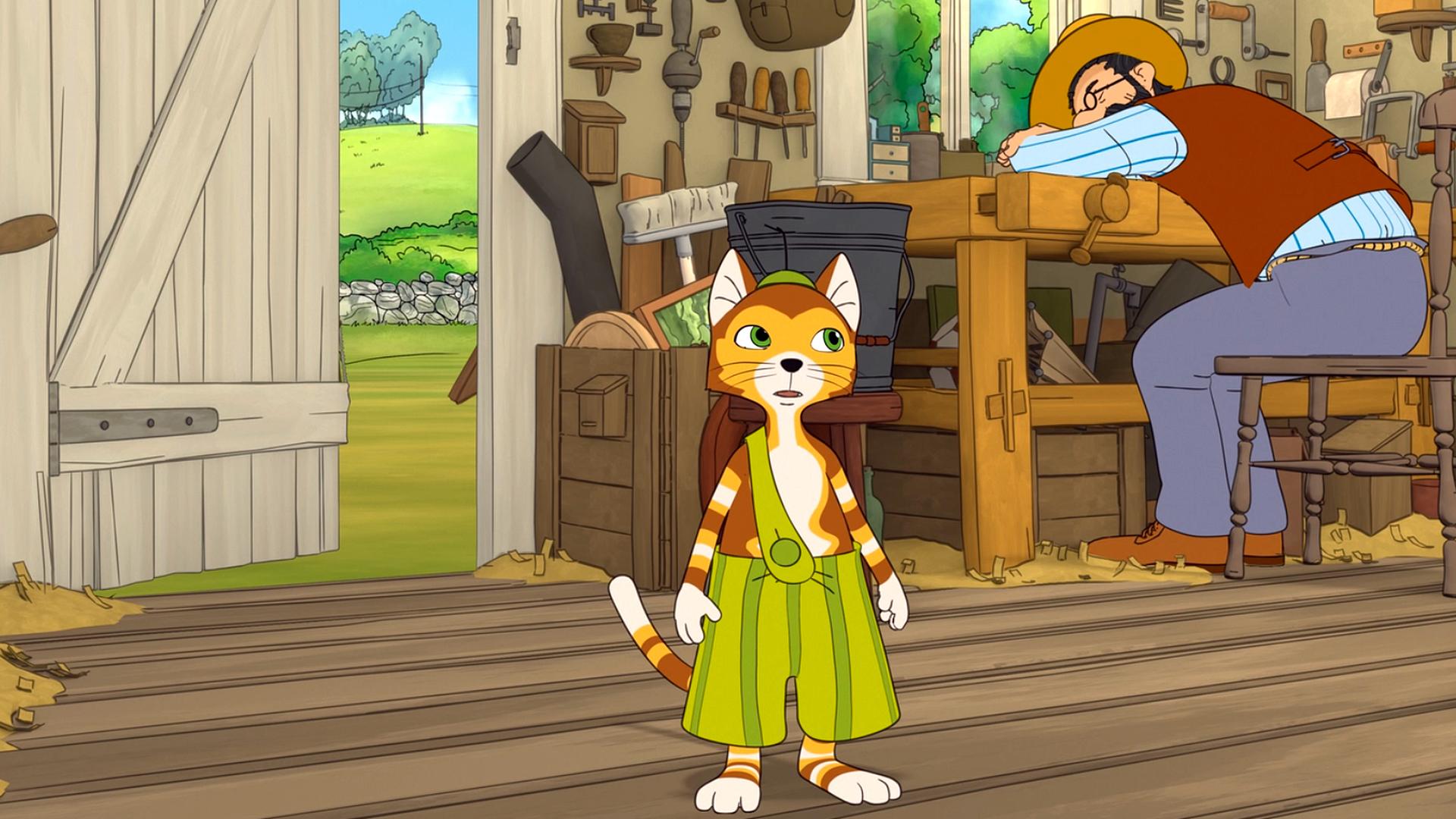 Findus steht in der Werkstatt und schaut unsicher auf den schlafenden Pettersson.