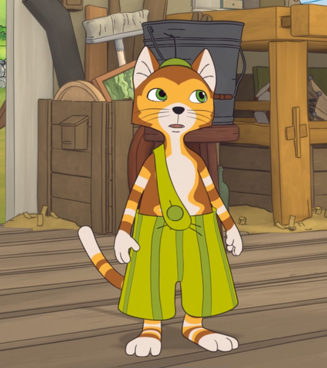 Findus steht in der Werkstatt und schaut unsicher auf den schlafenden Pettersson.