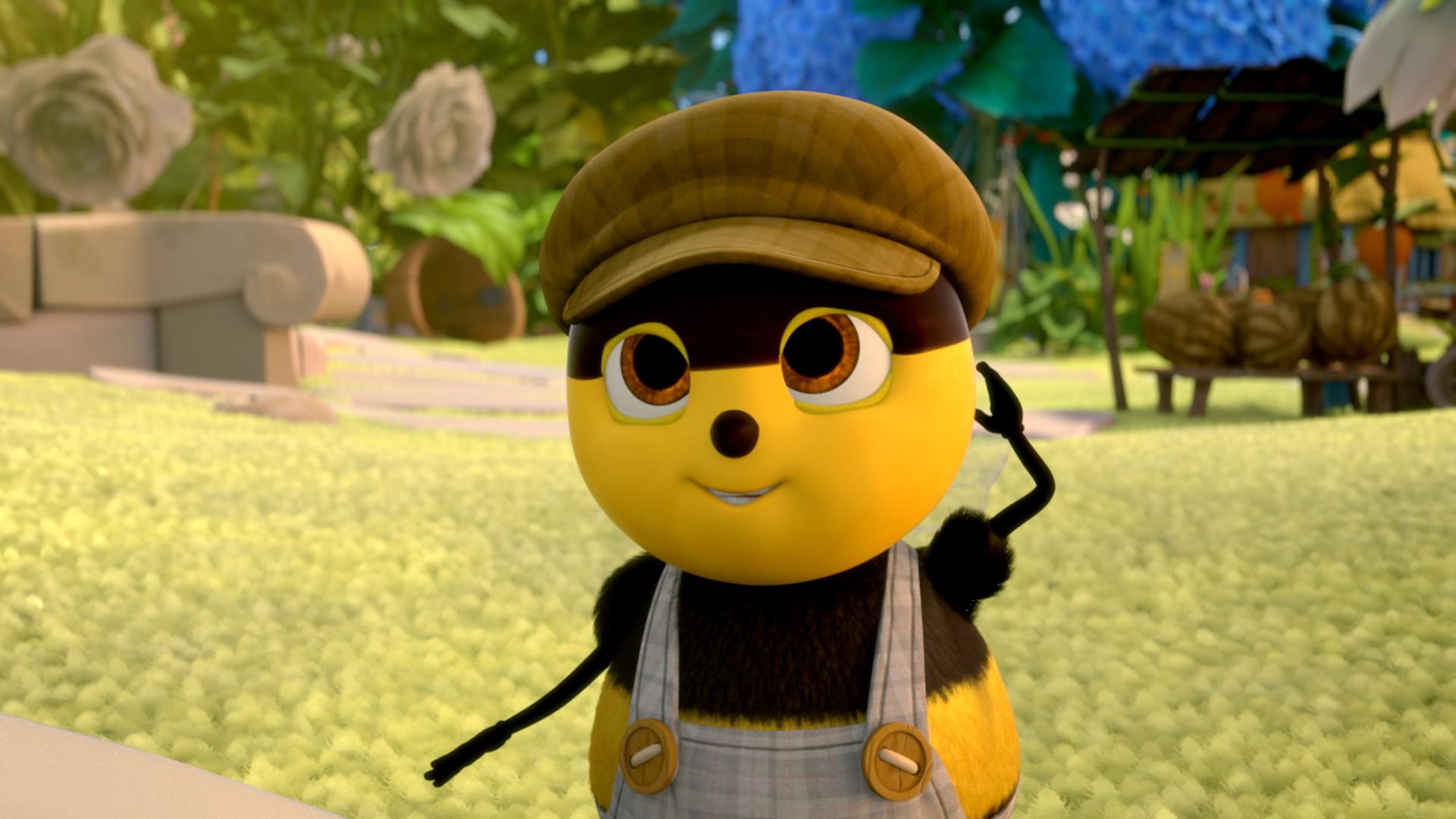 Biene Mario trägt einen Hut und Latzhose. Die linke Hand hält er hinter dem Kopf.