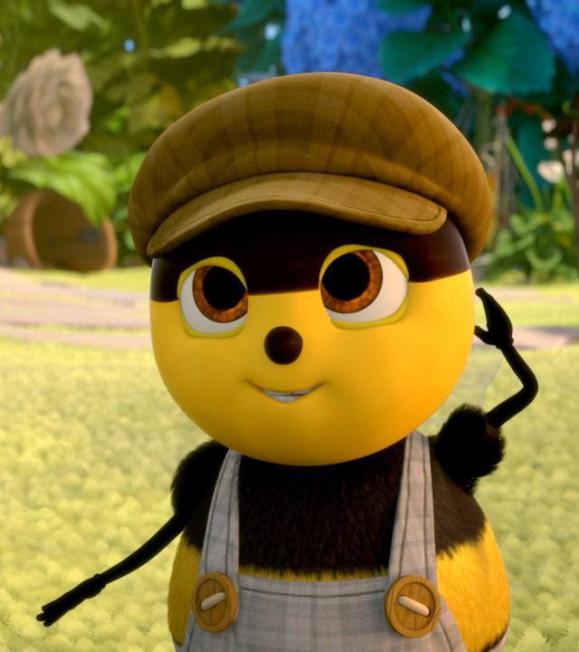 Biene Mario trägt einen Hut und Latzhose. Die linke Hand hält er hinter dem Kopf.