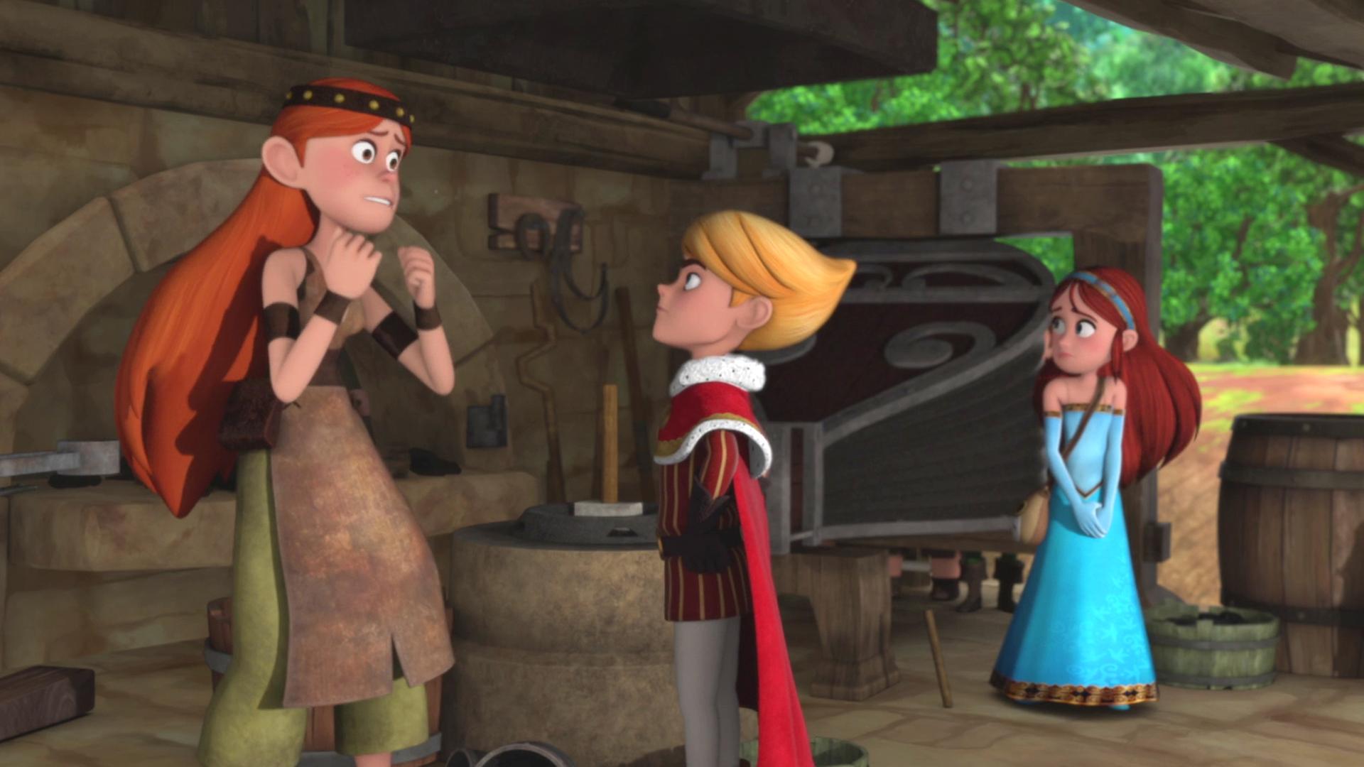 Prinz John redet mit der Schmiedin, die verzweifelt aussieht. Rechts im Hintergrund steht Marian.