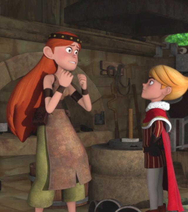 Prinz John redet mit der Schmiedin, die verzweifelt aussieht. Rechts im Hintergrund steht Marian.