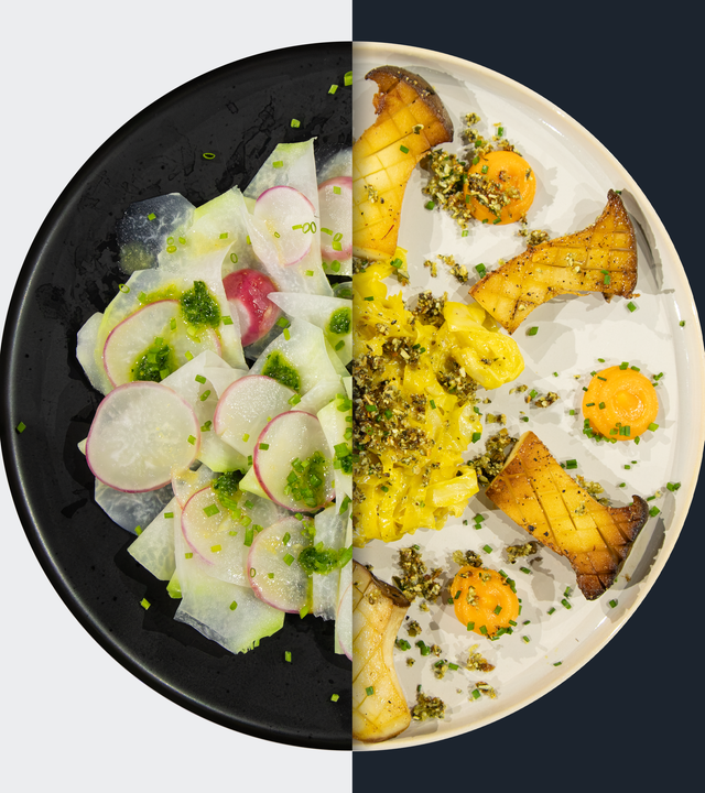 Kohlrabi-Carpaccio vs. Geschmorter Safran-Spitzkohl