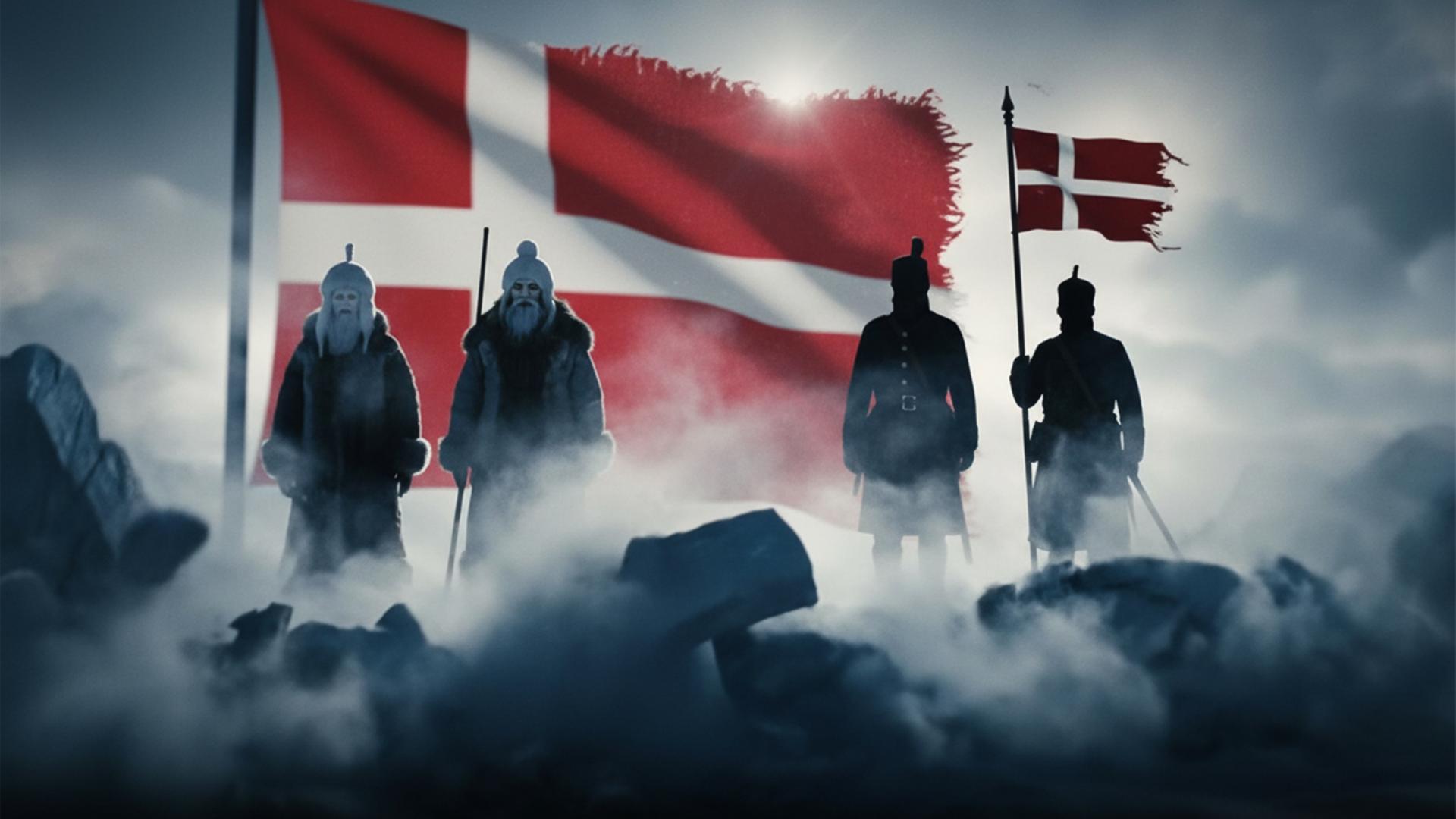 Computergeneriertes Bild von vier Männern vor einer riesigen zerfransten dänischen Flagge. Zwei Männer vorne links im Bild tragen lange Bärte, dicke Mützen, Fellmäntel und Speere, zwei weiter hinten rechts in historischen Soldaten-Uniformen sind nur verschwommen zu sehen. Einer von ihnen trägt eine Standarte mit norwegischer Flagge. Im Vordergrung steigt Nebel von dunklen Eisbrocken auf.