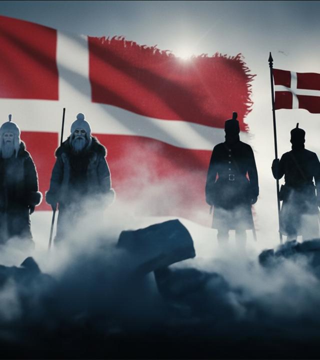 Computergeneriertes Bild von vier Männern vor einer riesigen zerfransten dänischen Flagge. Zwei Männer vorne links im Bild tragen lange Bärte, dicke Mützen, Fellmäntel und Speere, zwei weiter hinten rechts in historischen Soldaten-Uniformen sind nur verschwommen zu sehen. Einer von ihnen trägt eine Standarte mit norwegischer Flagge. Im Vordergrung steigt Nebel von dunklen Eisbrocken auf.
