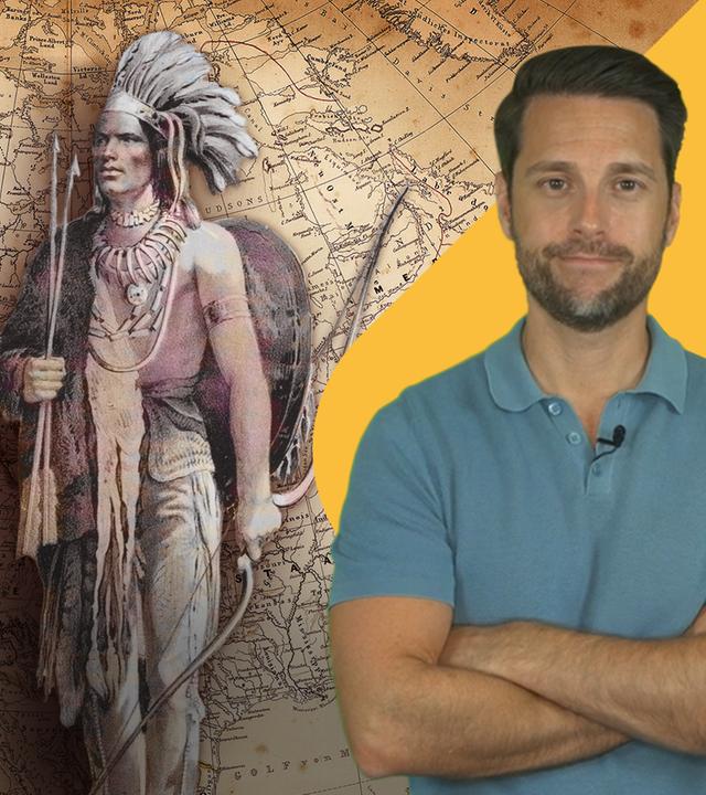 Mirko Drotschmann und im Hintergrund Kolumbus und indigener Mann