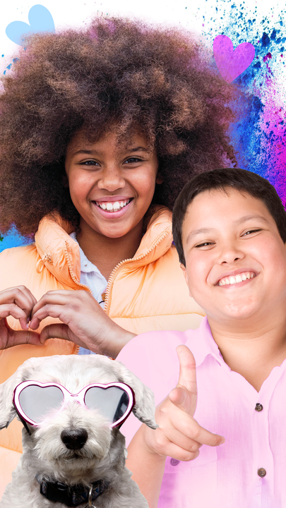 Vier Kinder und ein Hund vor einem bunten Hintergrund mit Herzen. Ein farbiges Mädchen zeigt eine Hand-Herz-Geste, ein Junge zeigt eine Daumen-nach-oben Handgeste 
