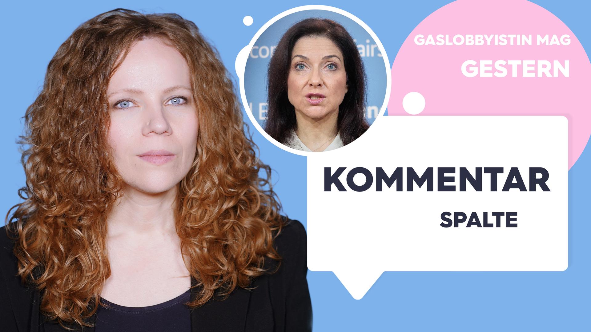 Sarah Bosetti befindet sich vor einem blauen Hintergrund. Rechts von ihr in einer Blase ist Katherina Reiche zu sehen, daneben steht "Gaslobbyistin mag gestern". In einer Sprechblase darunter steht "Kommentarspalte".
