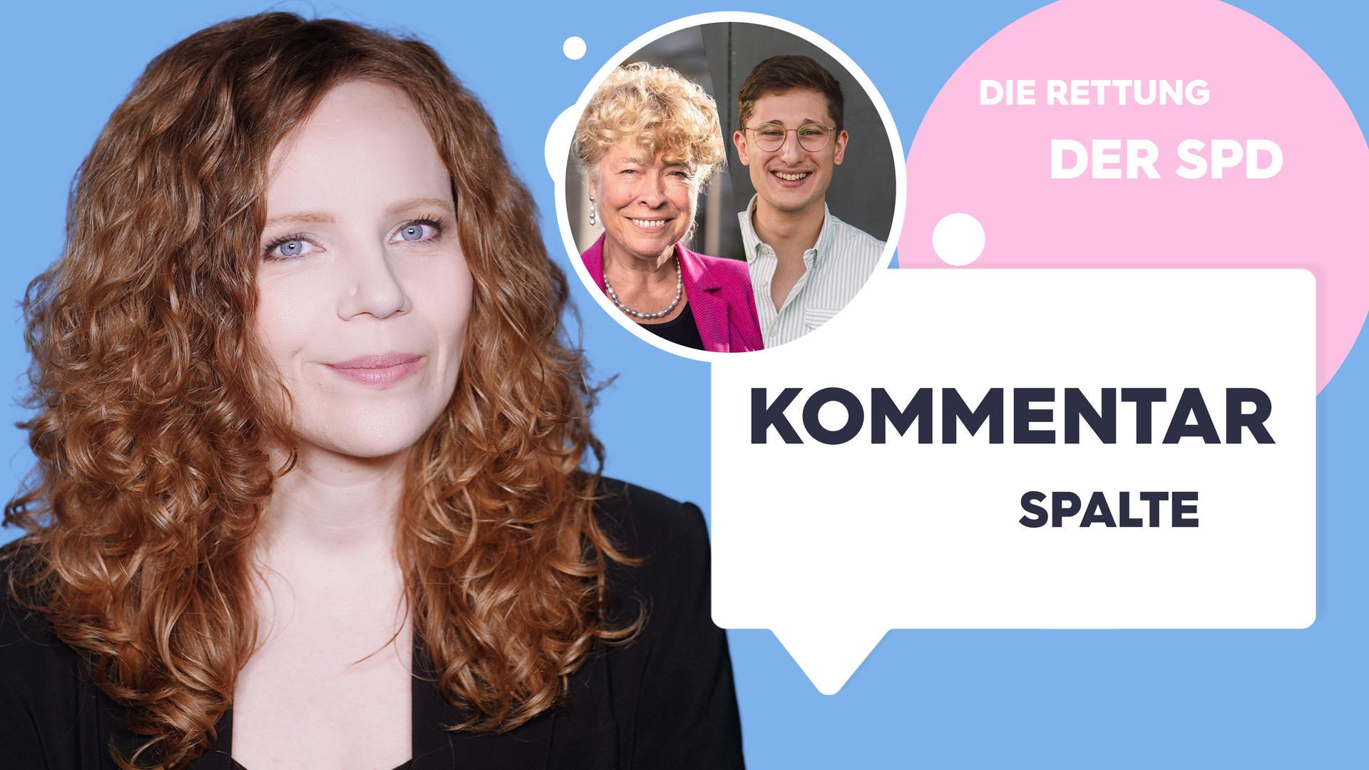 Sarah Bosetti befindet sich vor einem blauen Hintergrund. Rechts neben ihr steht "Die Rettung der SPD". In einer Sprechblase darunter steht "Kommentarspalte".