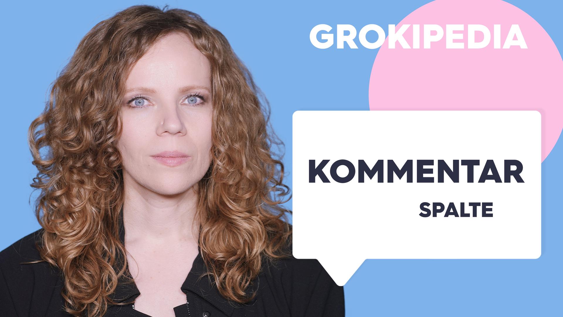 Sarah Bosetti befindet sich vor einem blauen Hintergrund. Rechts neben ihr steht "Grokipedia". In einer Sprechblase darunter steht "Kommentarspalte".