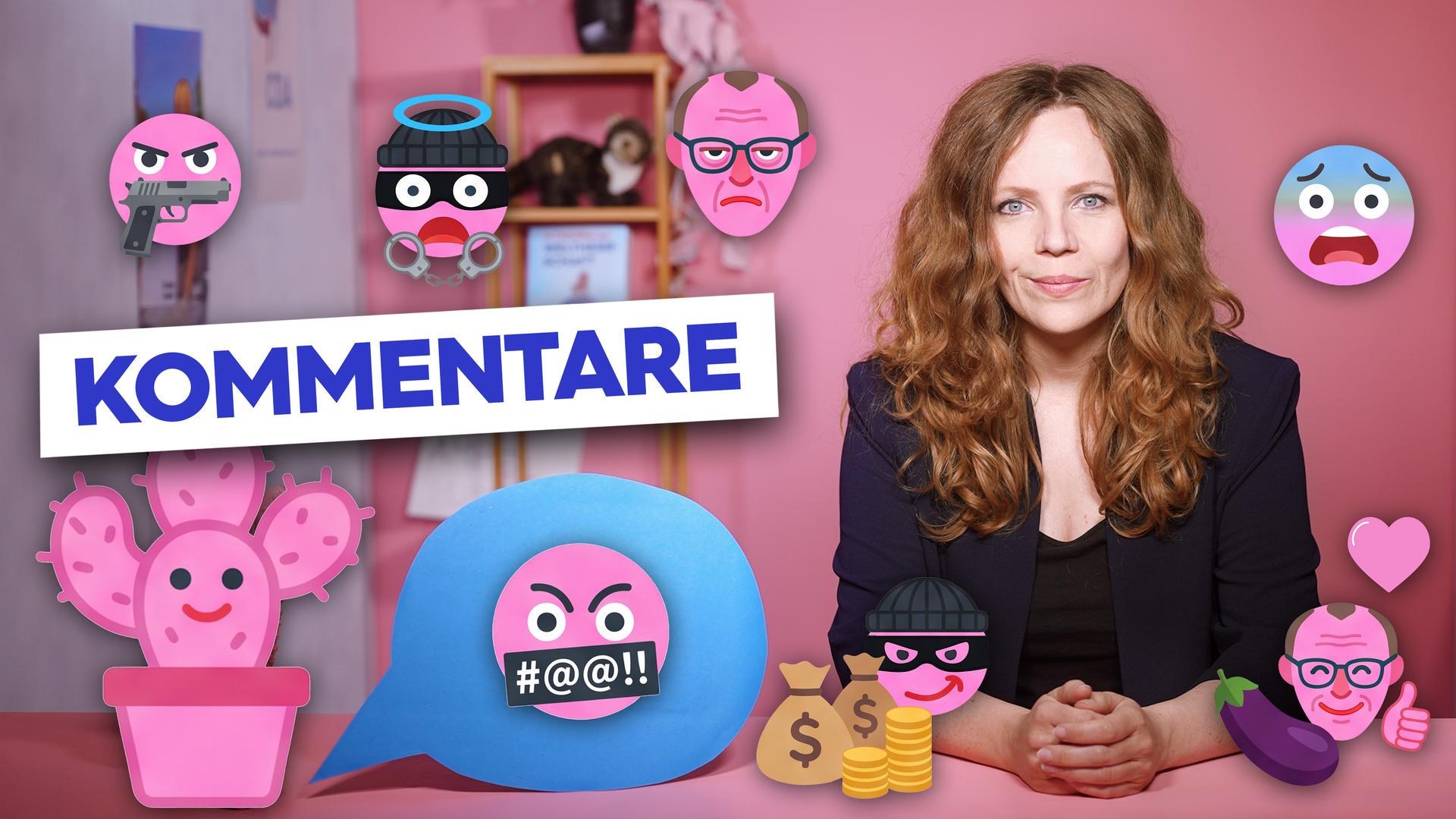 Sarah Bosetti sitzt an einem Tisch vor einem rosa Hintergrund. Um sie herum sind verschiedene Symbole und Emojis zu sehen. Links steht groß das Wort "KOMMENTARE".