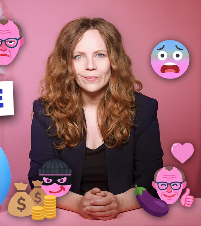 Sarah Bosetti sitzt an einem Tisch vor einem rosa Hintergrund. Um sie herum sind verschiedene Symbole und Emojis zu sehen. Links steht groß das Wort "KOMMENTARE".