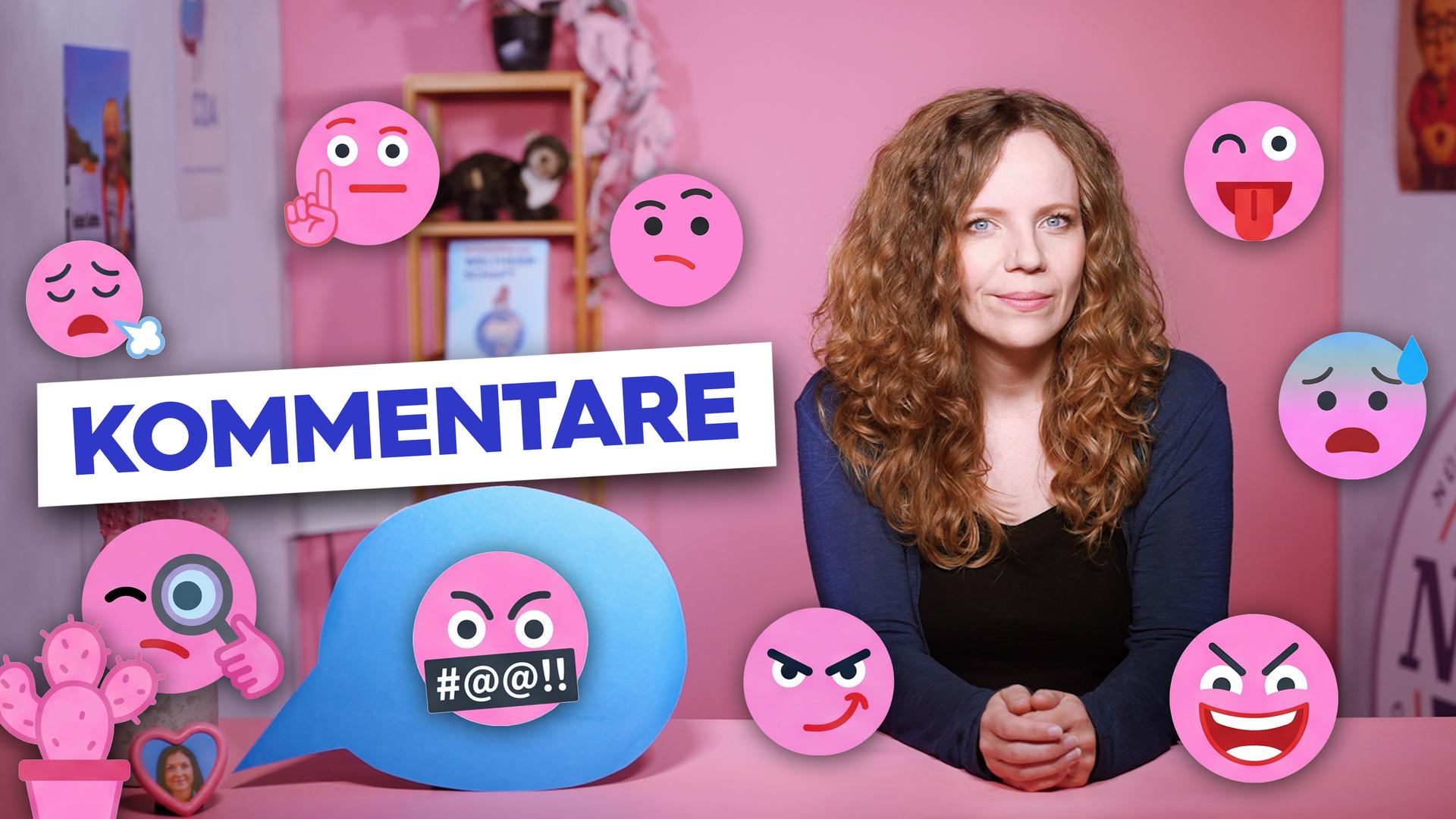 Sarah Bosetti sitzt an einem Tisch vor einem rosa Hintergrund. Um sie herum sind verschiedene Symbole und Emojis zu sehen. Links steht groß das Wort "KOMMENTARE".