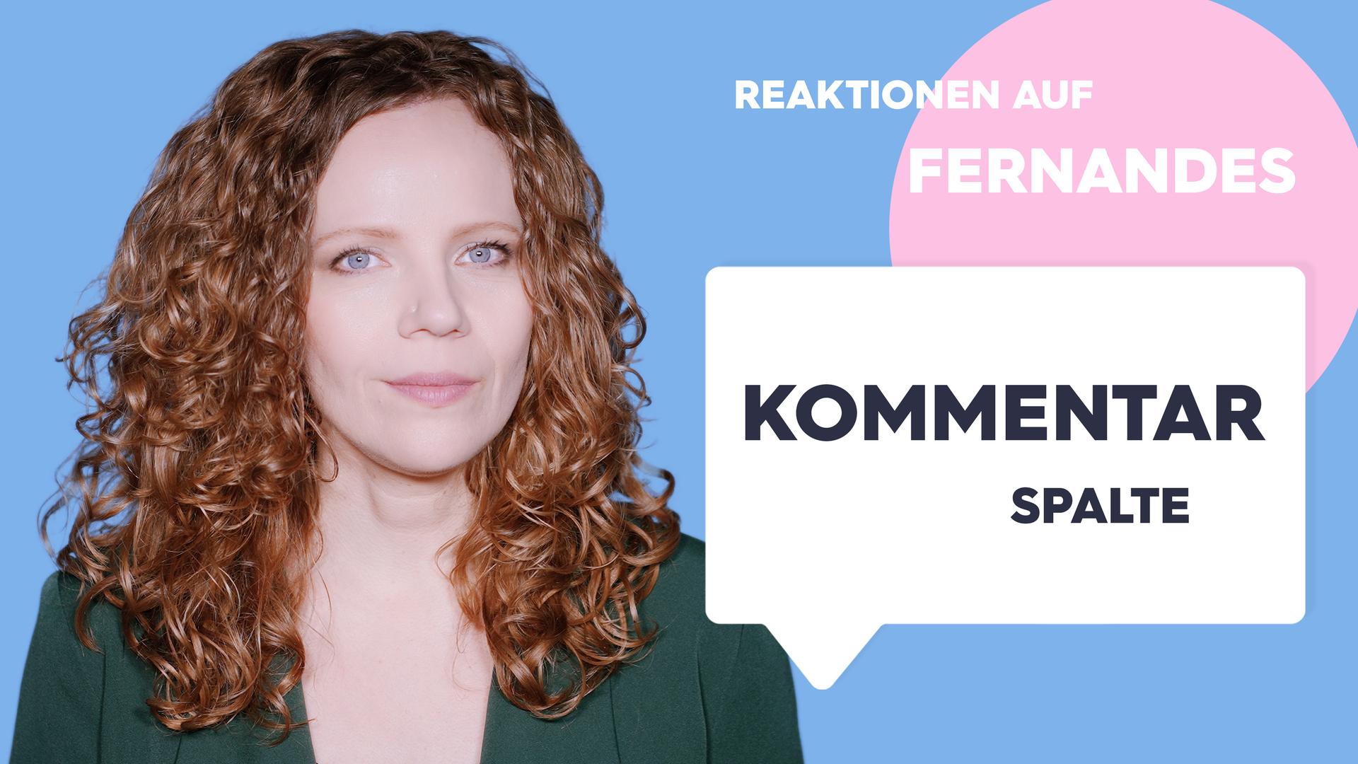 Sarah Bosetti befindet sich vor einem blauen Hintergrund. Rechts neben ihr steht "Reaktionen auf Fernandes". In einer Sprechblase darunter steht "Kommentarspalte".