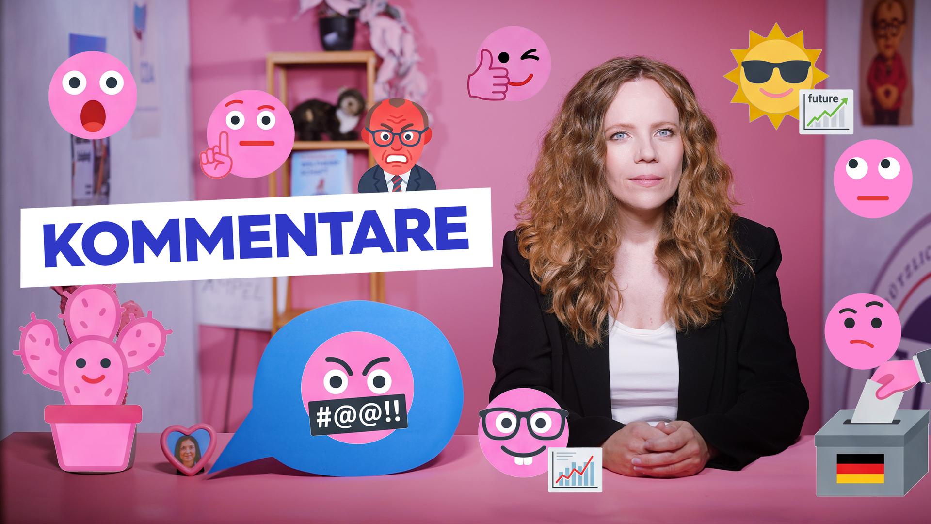 Sarah Bosetti sitzt an einem Tisch vor einem rosa Hintergrund. Um sie herum sind verschiedene Symbole und Emojis zu sehen. Links steht groß das Wort "KOMMENTARE".