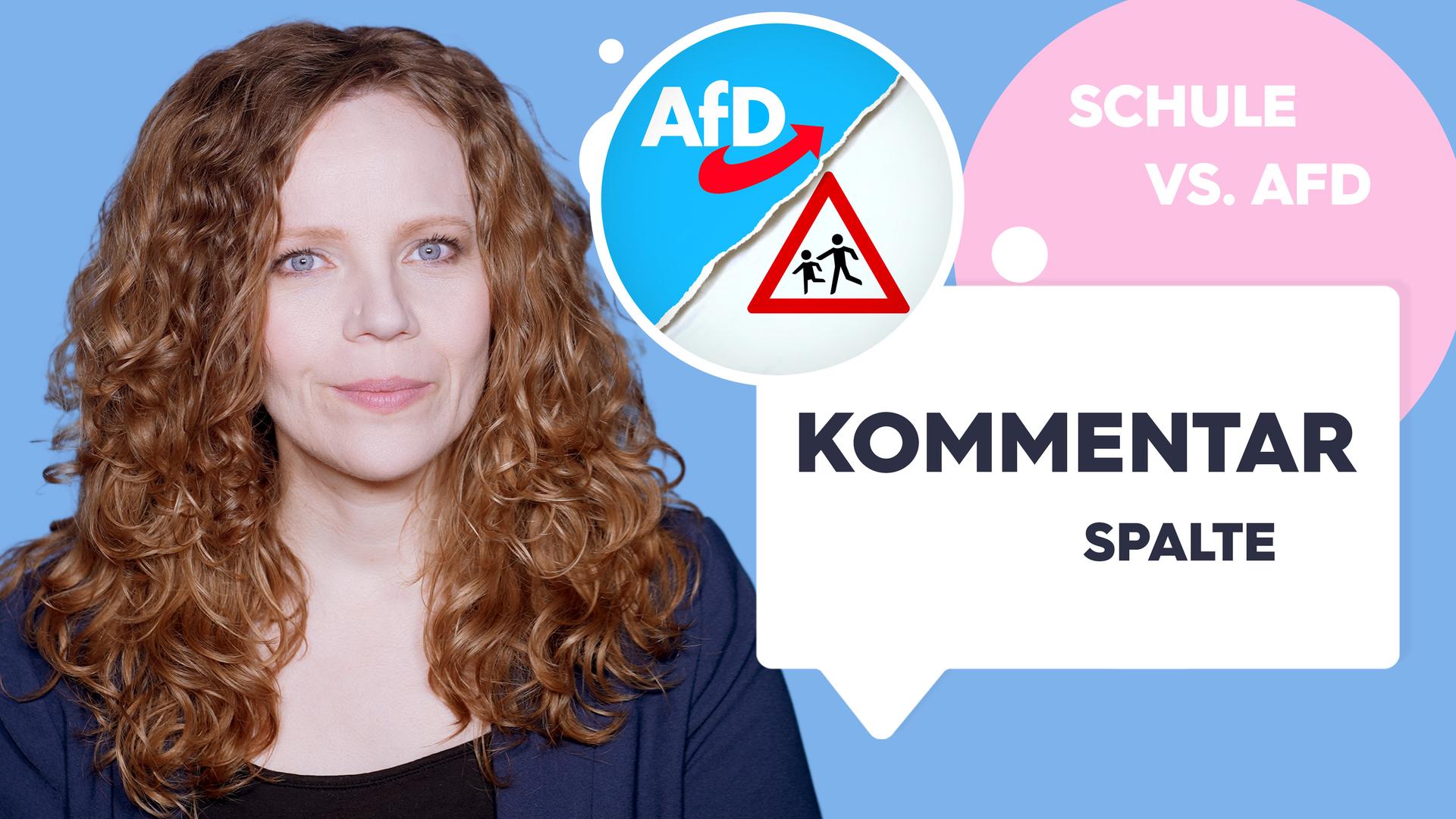 Sarah Bosetti befindet sich vor einem blauen Hintergrund. Rechts von ihr in einer Blase ist in der linken Hälfte das AfD-Logo zu sehen, in der rechten Hälfte das Verkehrsschild "Vorsicht, Kinder", daneben steht "Schule vs. AfD". In einer Sprechblase darunter steht "Kommentarspalte".