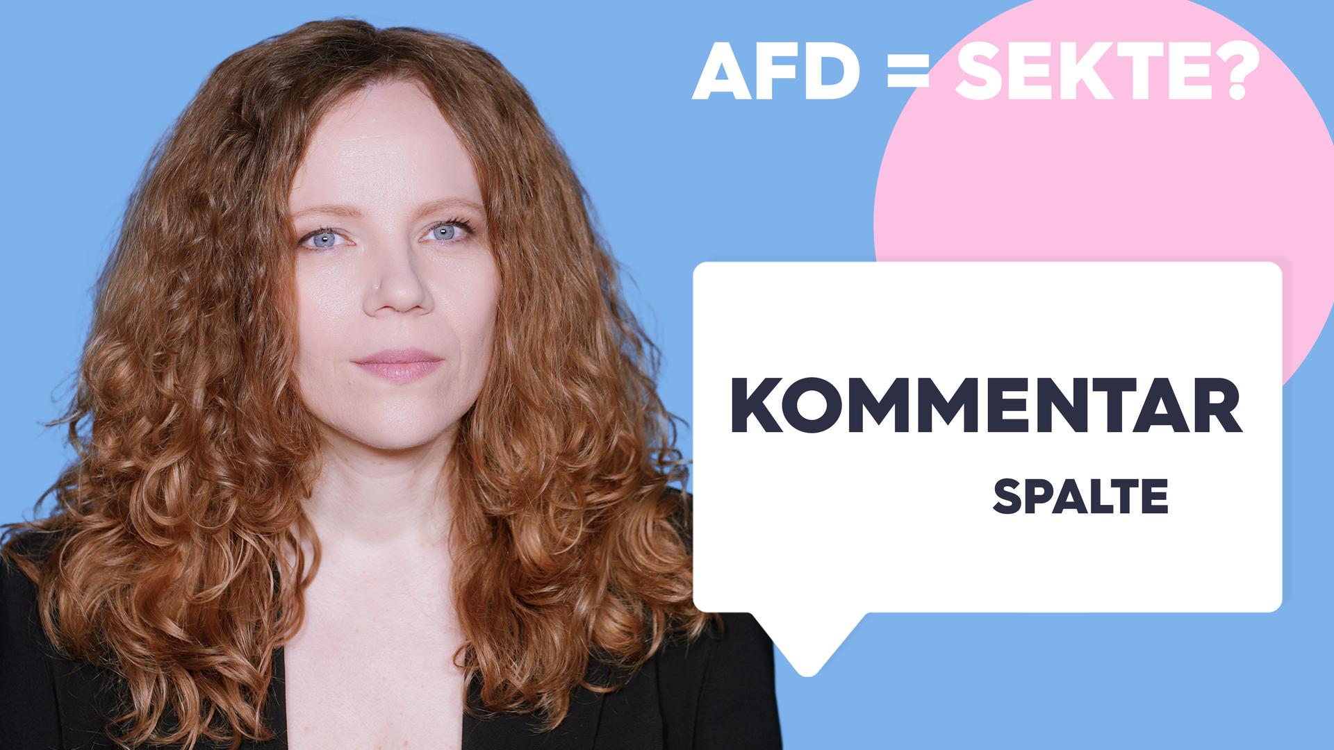 Sarah Bosetti befindet sich vor einem blauen Hintergrund. Rechts neben ihr steht "AfD = Sekte?". In einer Sprechblase darunter steht "Kommentarspalte".