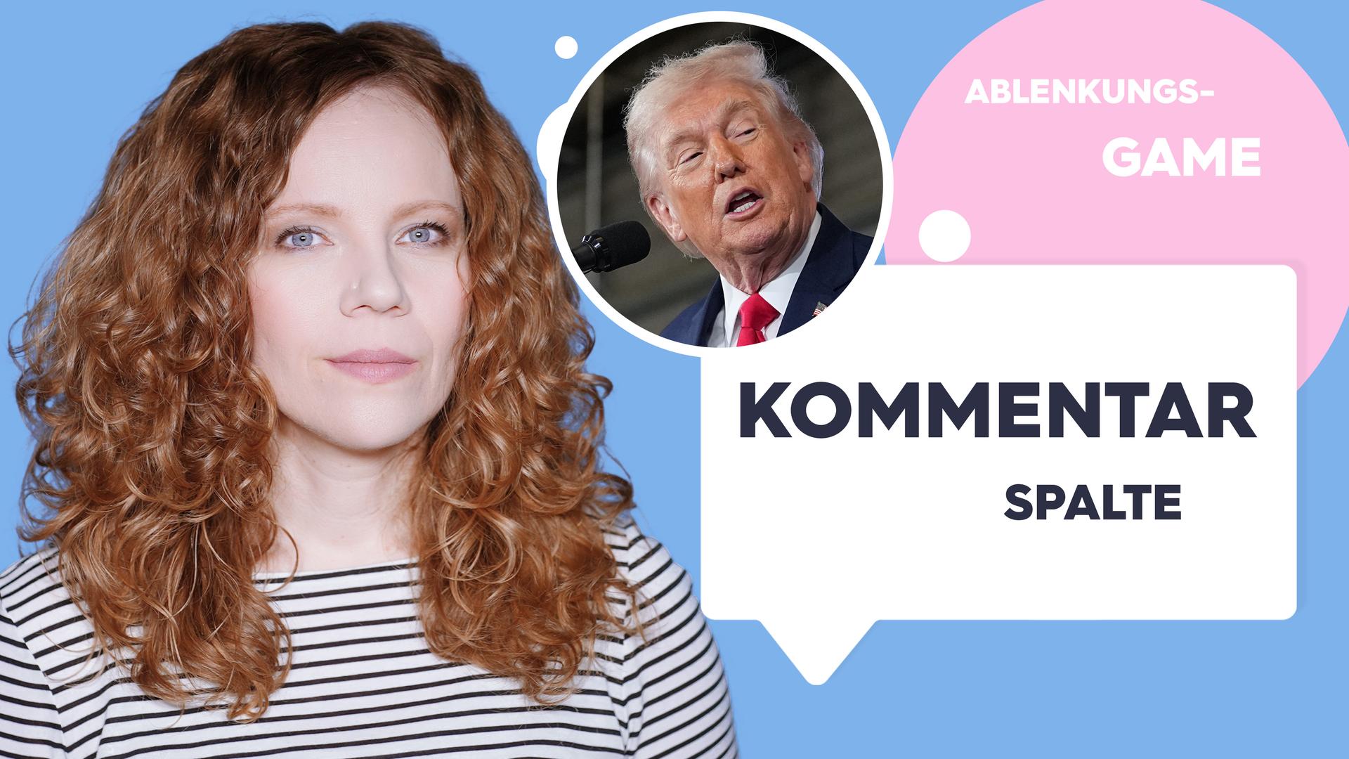 Sarah Bosetti befindet sich vor einem blauen Hintergrund. Rechts von ihr in einer Blase ist Donald Trump abgebildet, daneben steht "Ablenkungs-Game". In einer Sprechblase darunter steht "Kommentarspalte".