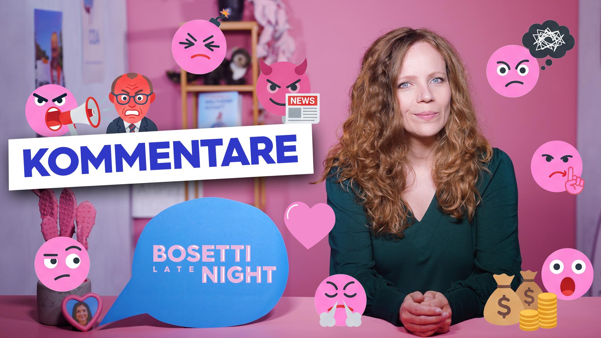 Sarah Bosetti sitzt an einem Tisch vor einem rosa Hintergrund. Um sie herum sind verschiedene Symbole und Emojis zu sehen. Links steht groß das Wort "KOMMENTARE".