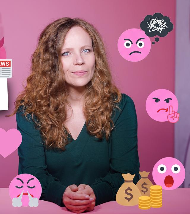 Sarah Bosetti sitzt an einem Tisch vor einem rosa Hintergrund. Um sie herum sind verschiedene Symbole und Emojis zu sehen. Links steht groß das Wort "KOMMENTARE".