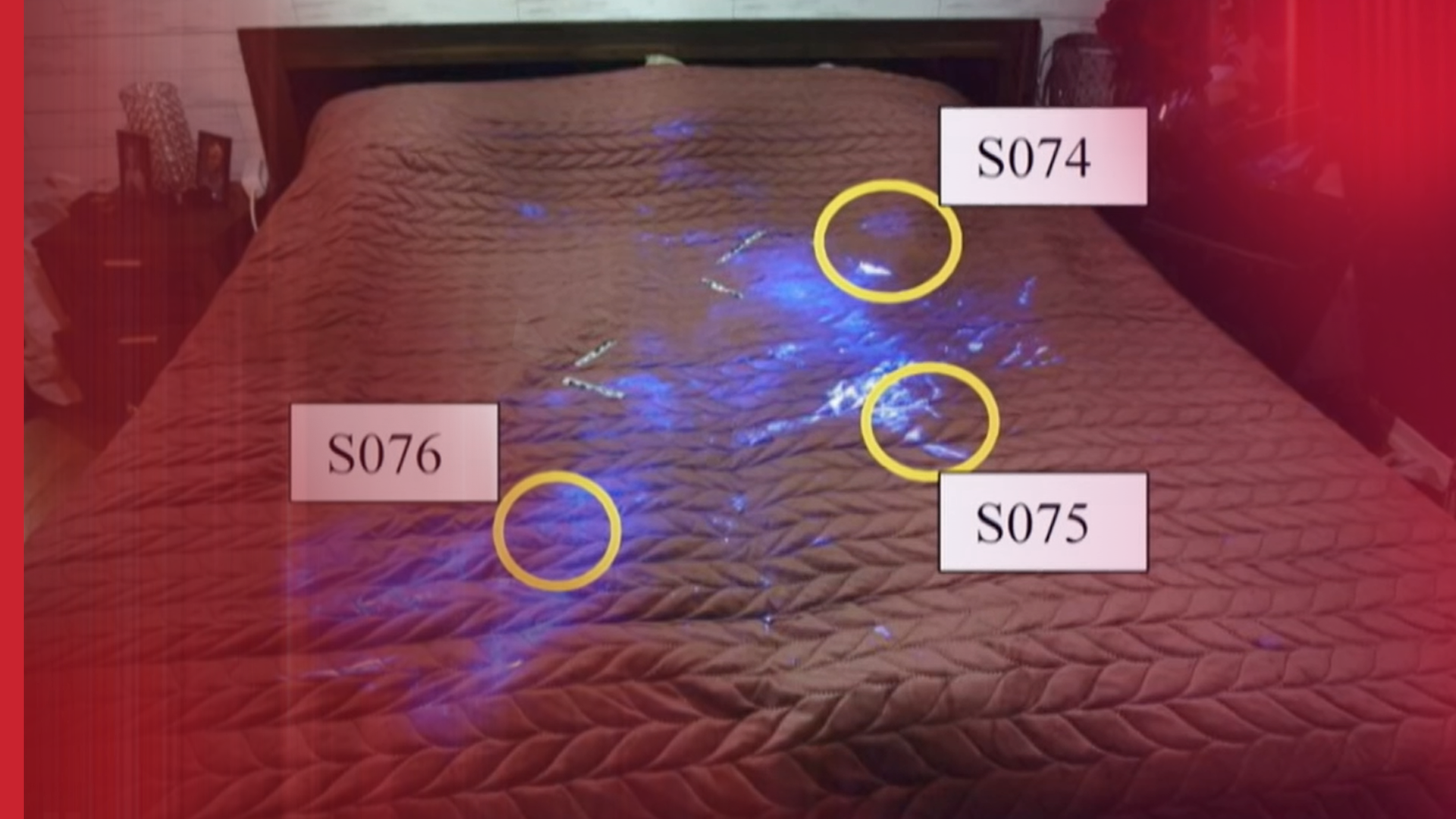 Spurenbild auf einem Bett. Mit Luminol sichtbar gemachte Blutspuren.