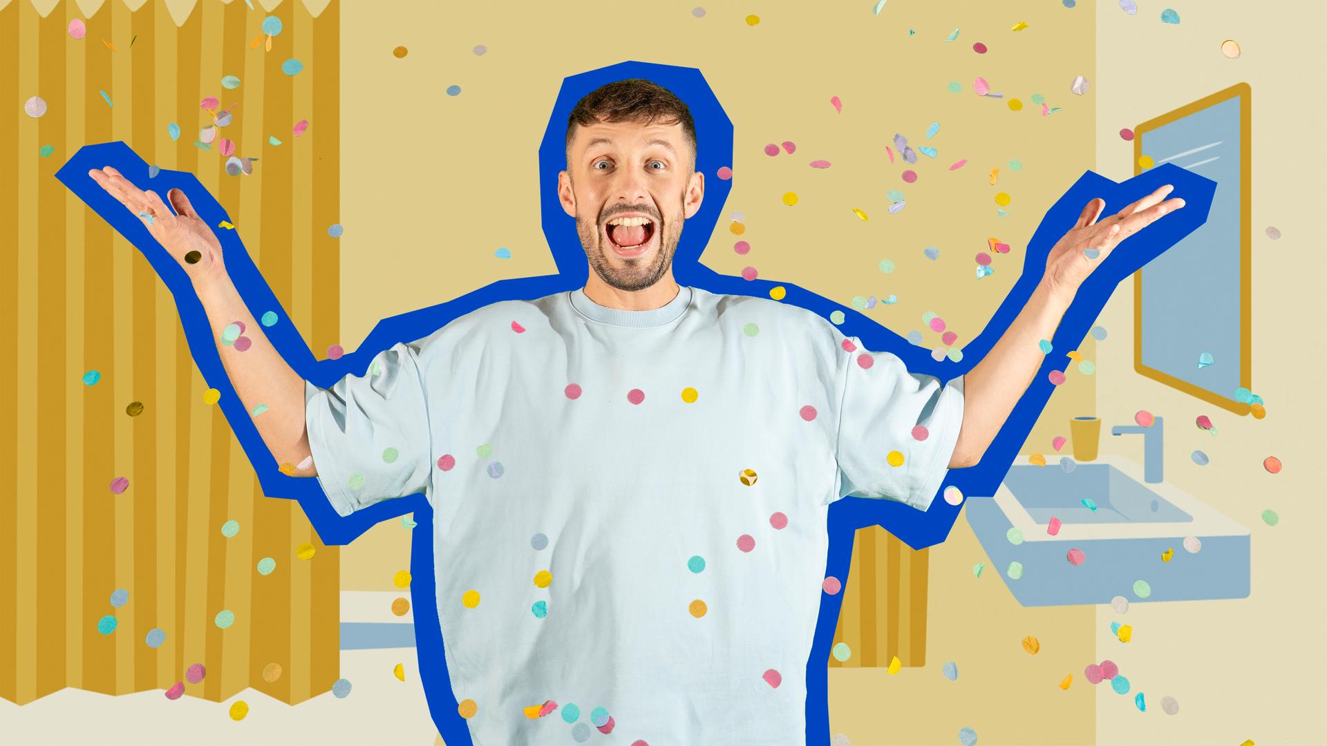 Der Sänger Nilsen steht mit weit ausgebreiteten Armen vor einem gemalten Badezimmer Hintergrund. Sein Mund ist weit aufgerissen und überall auf dem Bild ist Konfetti verteilt.