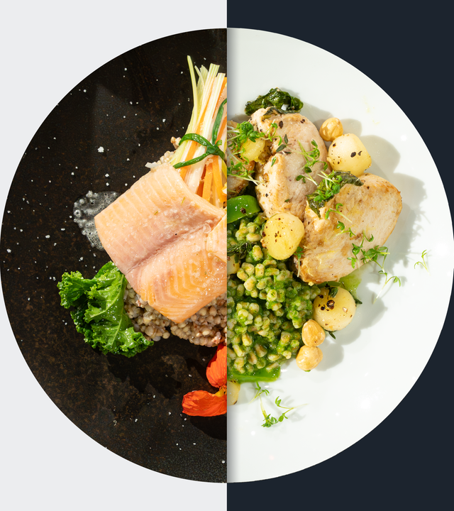 Konfierte Lachsforelle vs. Hähnchenbrust auf Zartdinkel