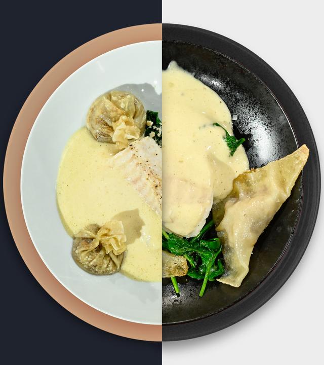 Konfierter Kabeljau mit Nussbutterschaum, Spinat und Blumenkohl-Wan-Tan