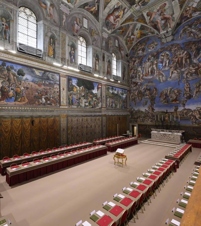 The Sistine Chapel prepared for the conclave in which the new Pope will be elected. Vatican City, 6 May 2025.