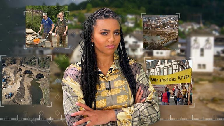 Das Bild zeigt Kontext-Moderatorin Aminata Belli. Um sie herum sind Bilder der Flut im Ahrtal zu sehen und ein Zeitstrahl am unteren Bildrand.