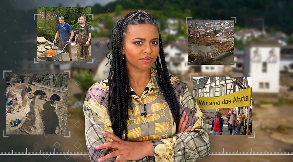 Das Bild zeigt Kontext-Moderatorin Aminata Belli. Um sie herum sind Bilder der Flut im Ahrtal zu sehen und ein Zeitstrahl am unteren Bildrand.