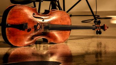Ein Cello liegt waagerecht neben einem Stuhl auf dem Boden