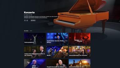 Screenshot ZDF Streaming Genre "Konzerte": Ein orangefarbener Flügel mit einzelnen Teasern zum ZDF-Musikangebot im Stremaing darunter
