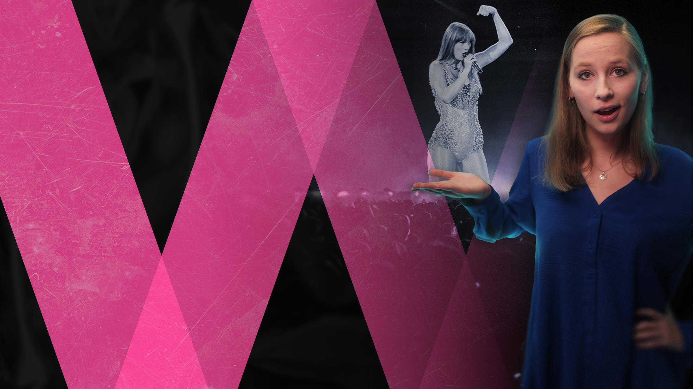 Reporterin Sabrina Zimmermann, im Hintergrund Taylor Swift mit Logo von Eventim